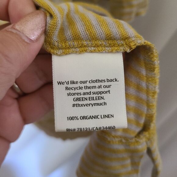 Eileen Fisher Mustard Yellow Striped 100% Organic Linen 3/4 Sleeve Pullover - Picture 4 of 4